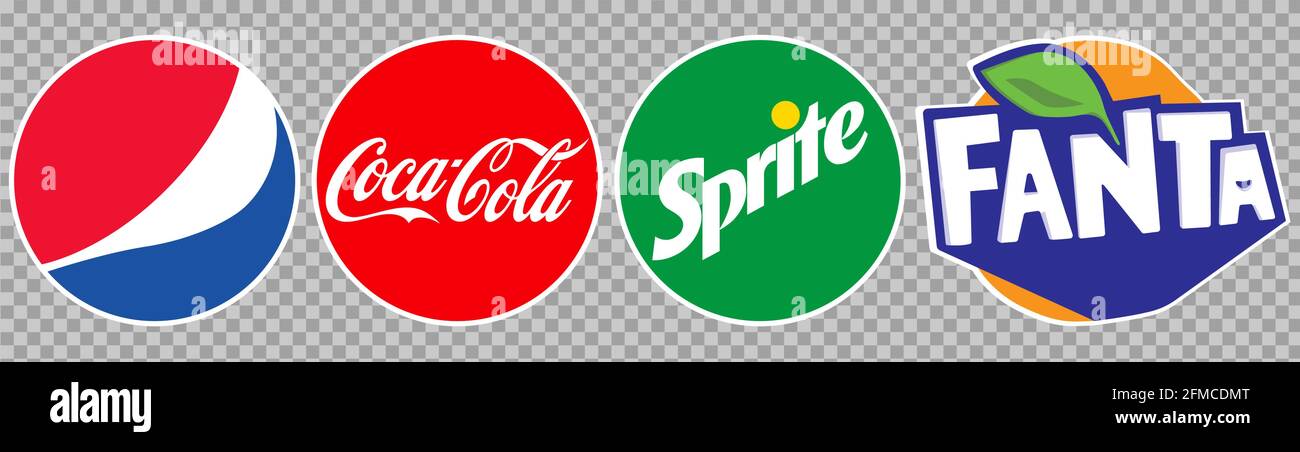 Vinnytsia, Ucraina - 6 maggio 2021: Il logo più popolare di bevande analcoliche: Pepsi, Coca-Cola, Sprite, Fanta. Icone vettoriali editoriali isolate su backg trasparente Illustrazione Vettoriale