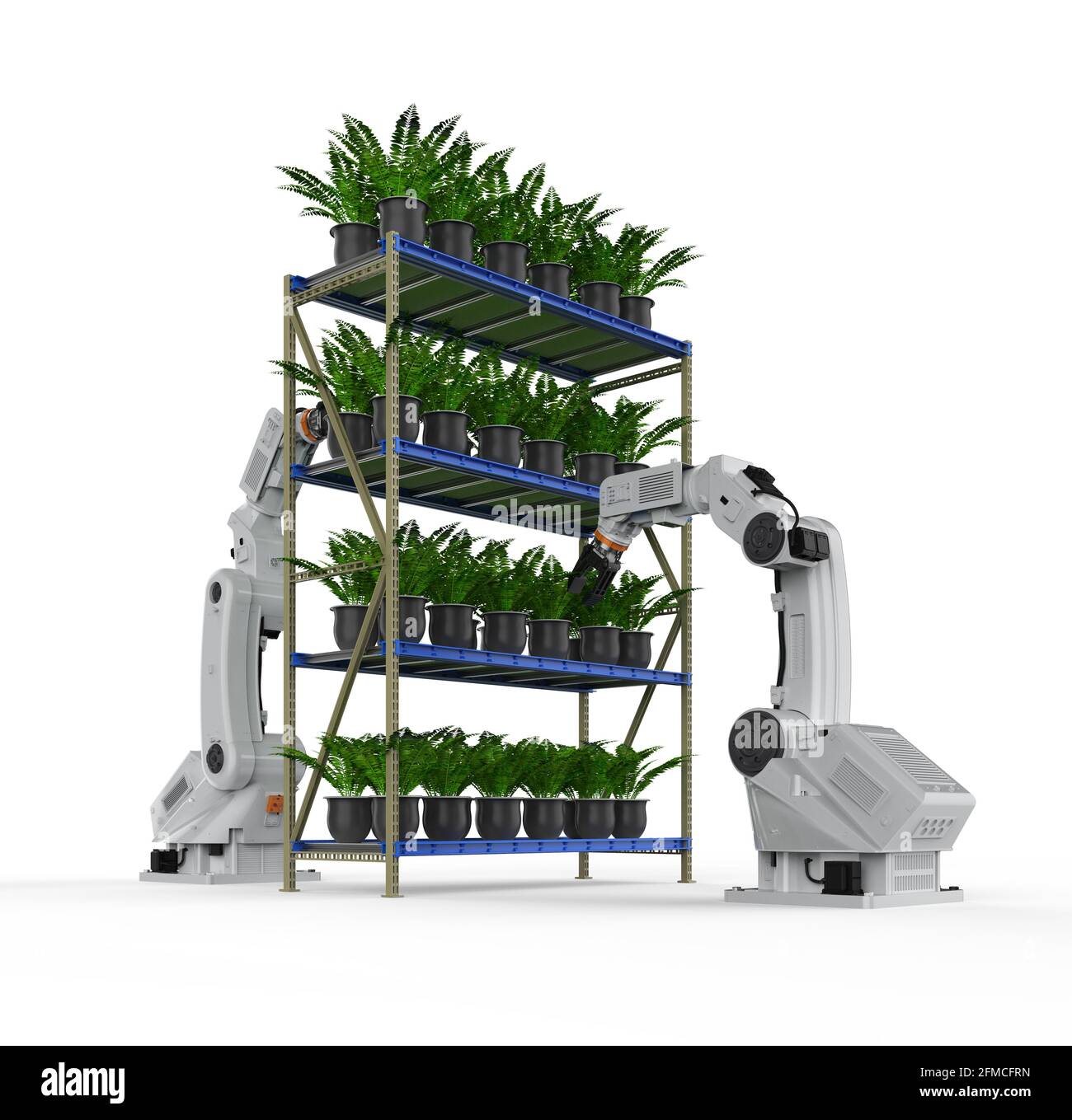 Concetto di tecnologia agricola con braccio robotico di rendering 3d in serra Foto Stock