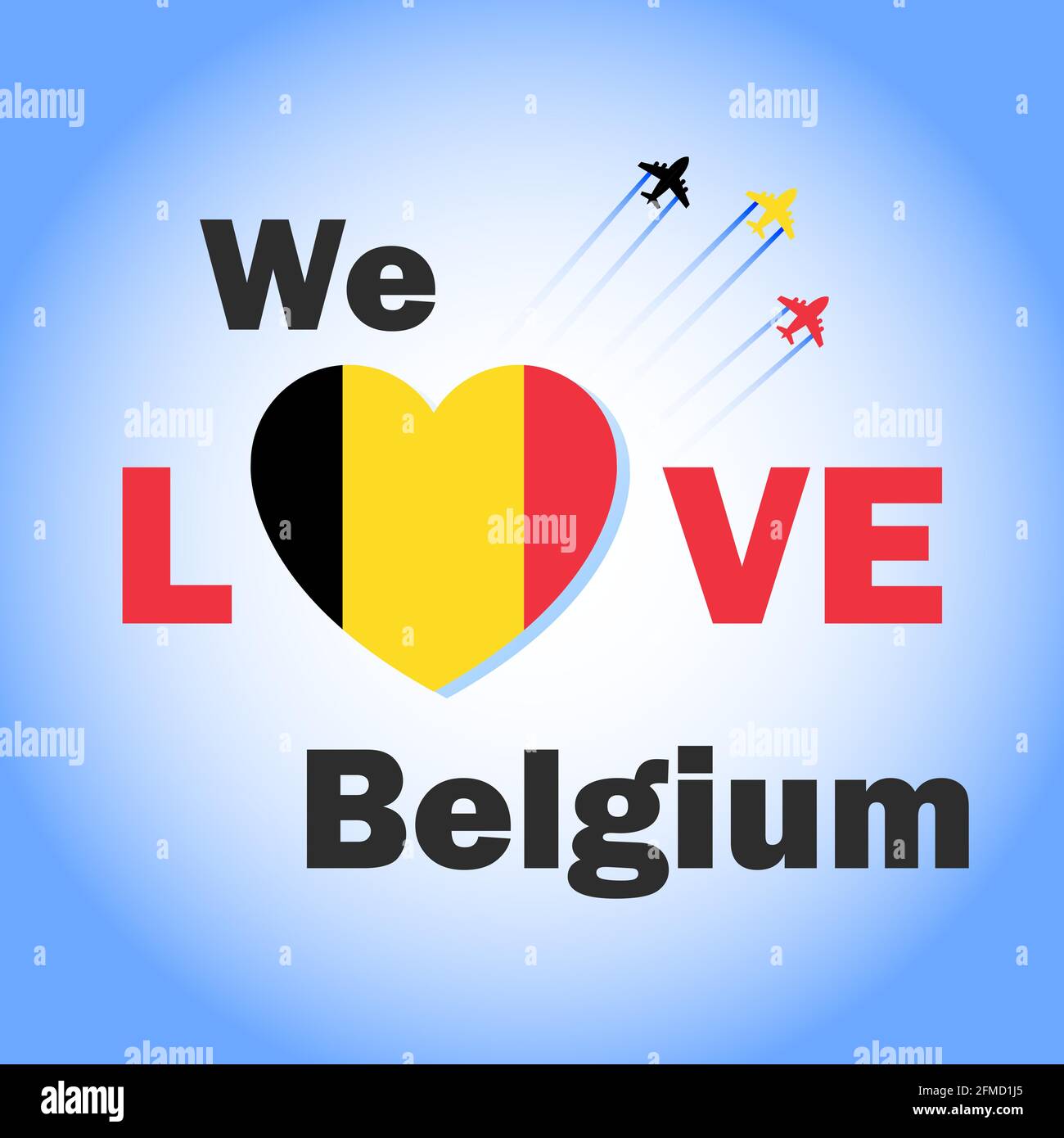 Amiamo il banner belga con la bandiera belga a forma di cuore. Poster patriottico con jet da combattimento nel cielo. Illustrazione Vettoriale