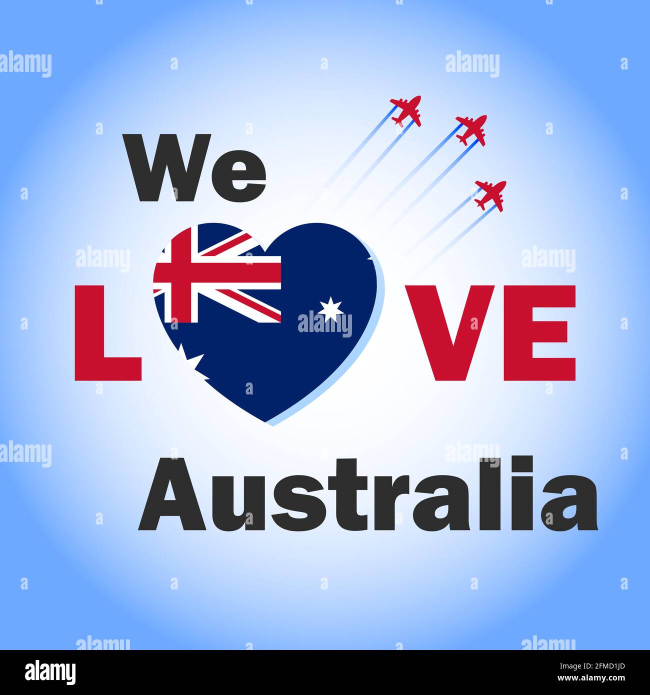 Amiamo il banner australiano con la bandiera australiana a forma di cuore. Australia National Day design creativo con jet da combattimento nel cielo per i social media. Illustrazione Vettoriale