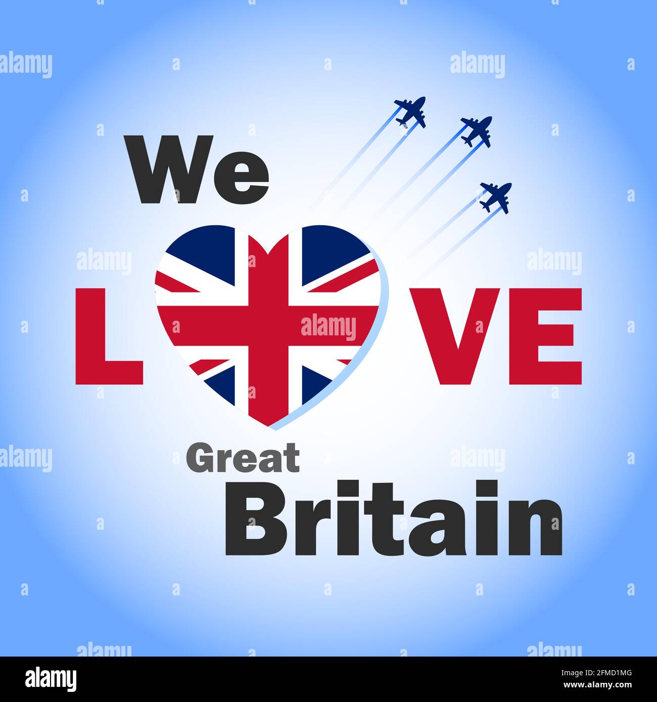 Amiamo il banner britannico con la bandiera inglese a forma di cuore. Poster patriottico con jet da combattimento nel cielo. Illustrazione Vettoriale