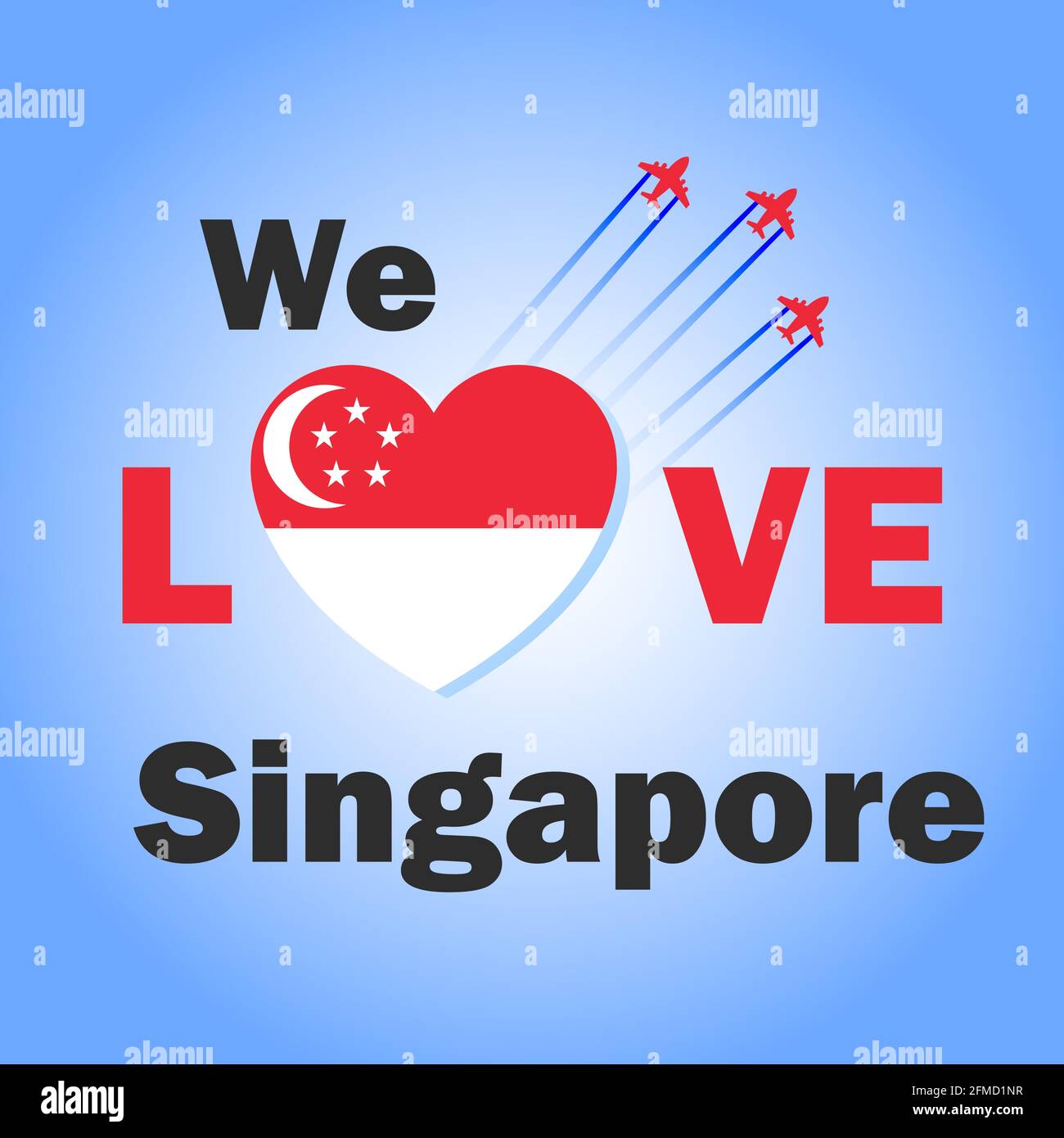 Amiamo Singapore banner con cuore a forma di bandiera Singapore. Poster patriottico con jet da combattimento nel cielo. Illustrazione Vettoriale