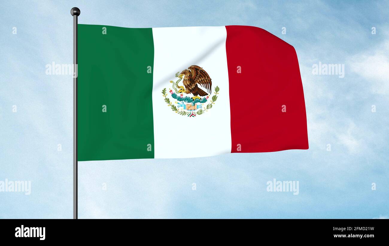 L'illustrazione 3D della bandiera del Messico è un tricolore verticale di verde, bianco e rosso con lo stemma nazionale caricato al centro del whi Foto Stock