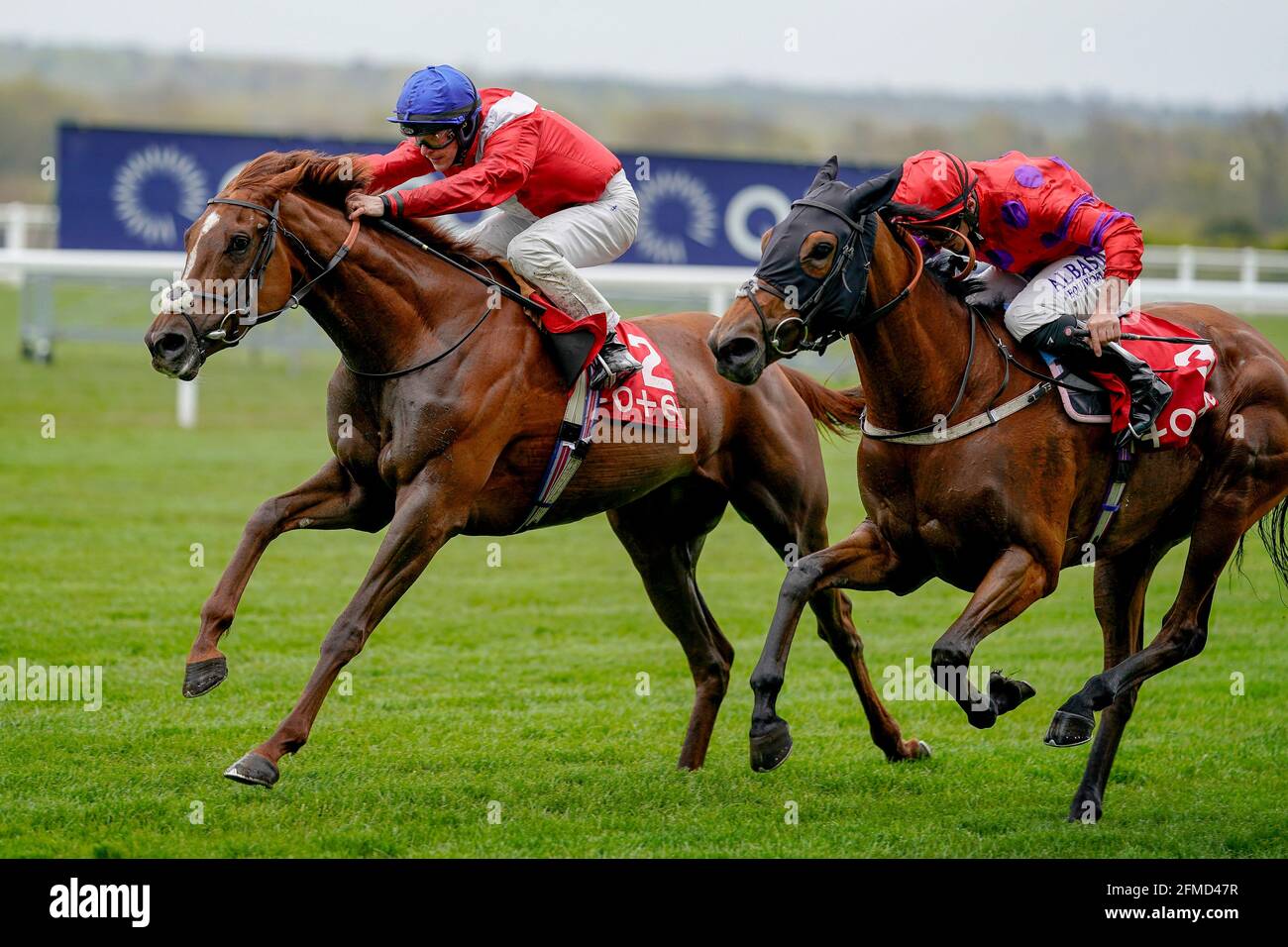 Lights on ridden by Richard Kingscote (tappo blu) vince la tote+ in esclusiva al tote.co.uk British EBF Fillies' handicap durante il Tote+ May Racing Weekend 2021 presso l'ippodromo di Ascot. Data immagine: Sabato 8 maggio 2021. Guarda la storia di PA RACING Ascot. Il credito fotografico dovrebbe essere: Alan Croshurst/PA Wire. RESTRIZIONI: L'uso è soggetto a limitazioni. Solo per uso editoriale, nessun uso commerciale senza previo consenso del titolare dei diritti. Foto Stock