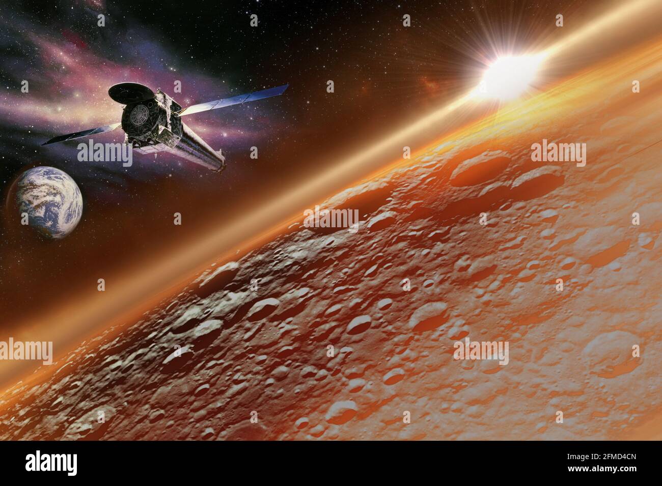 La superficie lunare illuminata dai raggi gialli dell'alba e dalla navicella spaziale che vola dal pianeta Terra verso la luna. Concetto di esplorazione della Luna. Elementi Foto Stock