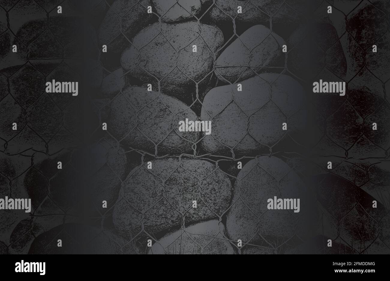 Lussuoso sfondo in metallo nero con pietre in difficoltà all'interno della rete metallica, rocce, ciottoli, texture macadam. Illustrazione vettoriale Illustrazione Vettoriale