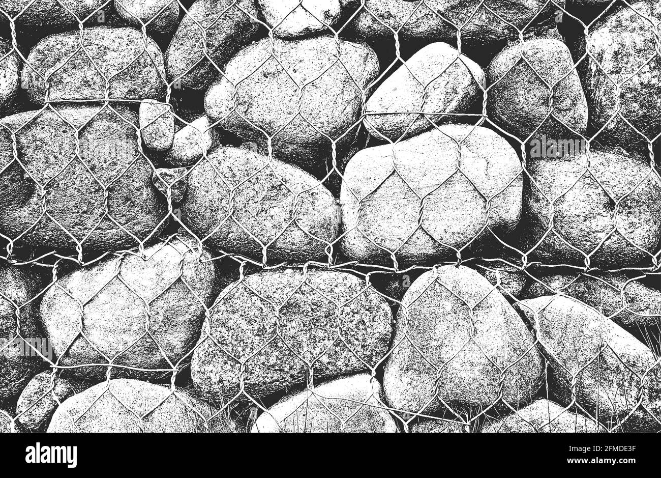 Stressata trama di pietre, rocce, ciottoli, macadam all'interno della maglia metallica, rete. Sfondo grunge. Illustrazione vettoriale astratta mezzitoni Illustrazione Vettoriale