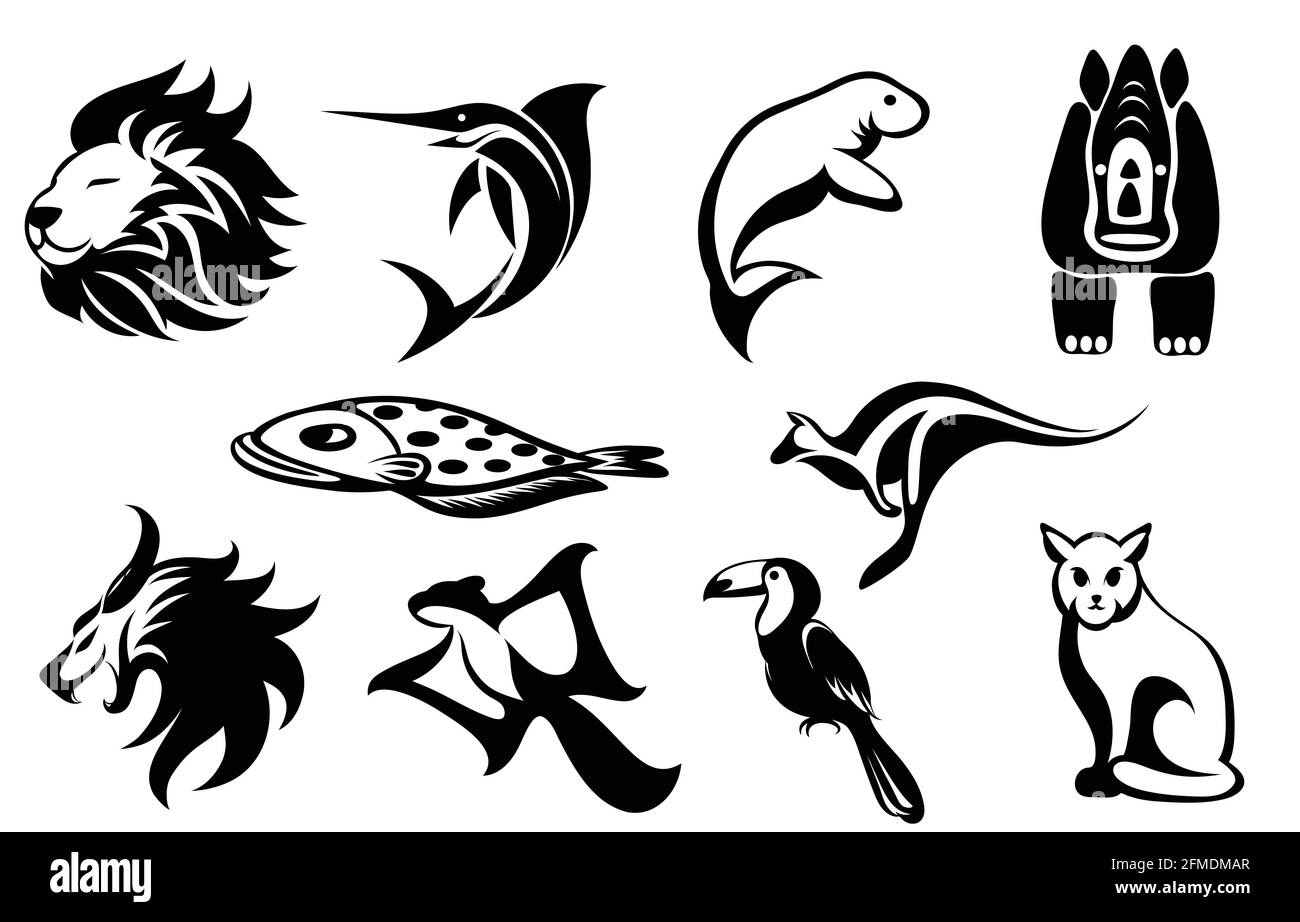 Set di immagini vettoriali di simboli di vari animali, ad esempio leone marinai manatee rhino Flounder canguro volo scoiattolo hornbill gatto E demone buon uso f Illustrazione Vettoriale