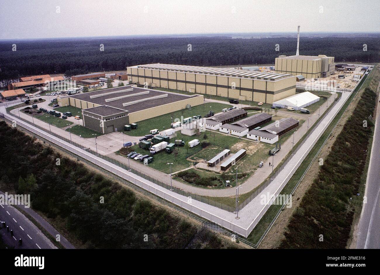 Zwischenlager Gorleben, Atommüll-Transport mit Castoren. 8.5.96, Luftaufnahme. Foto Stock
