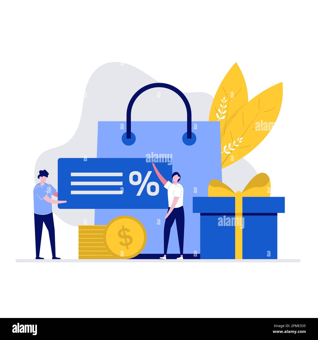 Concetto di illustrazione vettoriale del programma di fidelizzazione dei clienti e di rimborso con personaggi, una grande borsa per la spesa e un buono sconto. Moderno stile piatto per terra Illustrazione Vettoriale