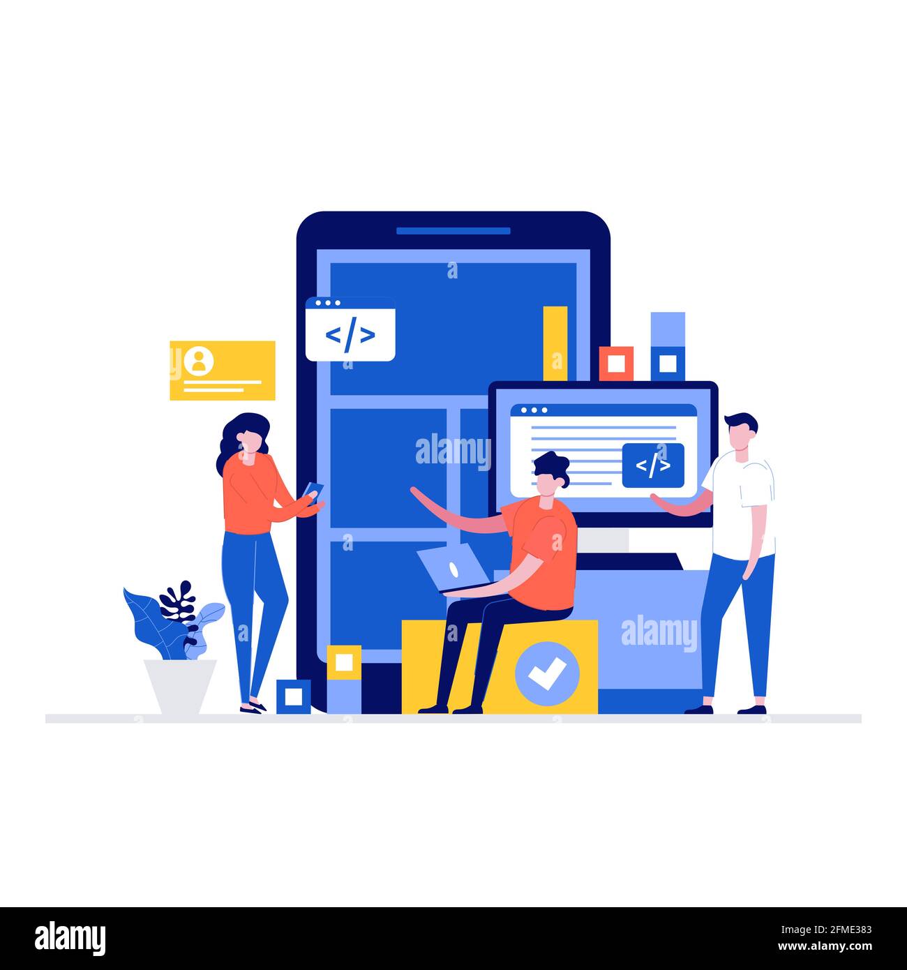 I giovani sono impegnati nel web design, sviluppo di pagine web. Stile piatto moderno per landing page, app mobile, poster, volantino, modello, banner web, Illustrazione Vettoriale