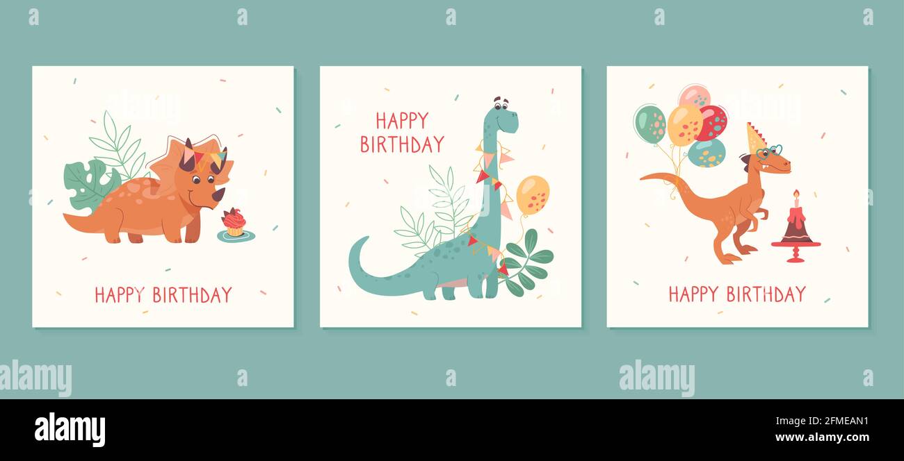 Auguri Di Buon Compleanno Velociraptor Brontosaurus Triceratops Palloncini Mordere Torte Regali Divertenti Dinosauri Sulle Schede Di Vacanza Per I Bambini Poster Vettoriali Stile Cartoon Immagine E Vettoriale Alamy