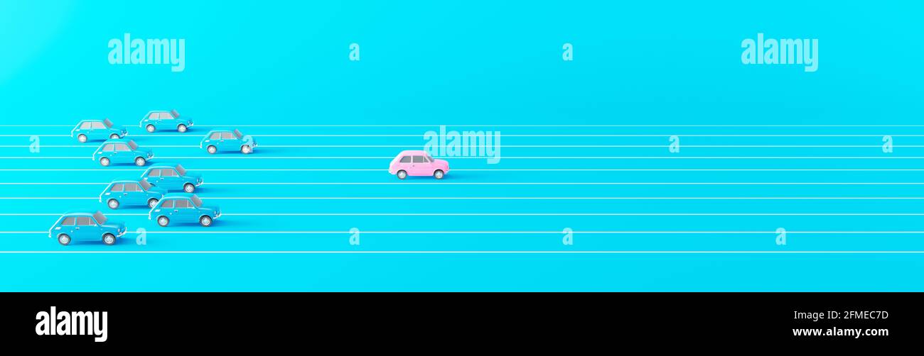 Concetto di concorrenza aziendale. Auto rosa che conduce la gara contro un gruppo di auto blu più lento 3d rendering illustrazione 3d Foto Stock