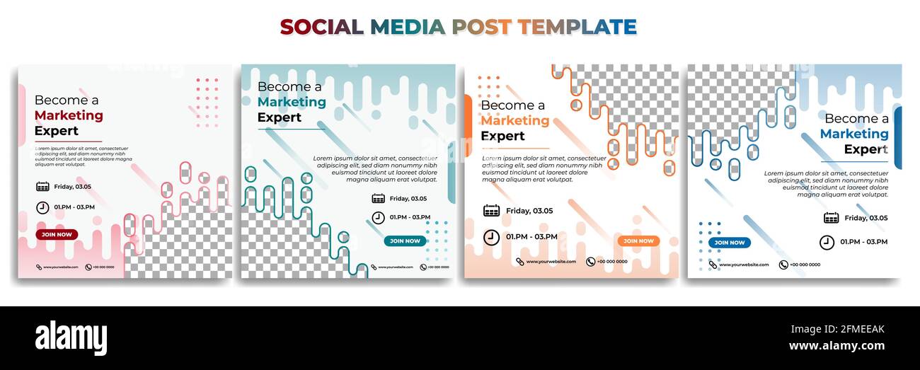 Set di modelli di post sui social media con design a colori bianchi. Banner esperto di marketing. Buon modello per la progettazione di pubblicità digitale. Illustrazione Vettoriale