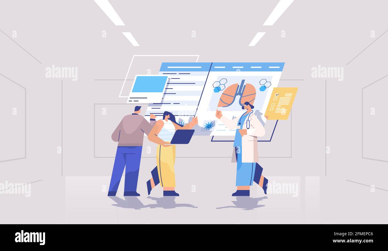 medici pulmonologisti team di apprendimento polmoni paziente analizzando i dati medici su virtual board medicina sanità Illustrazione Vettoriale