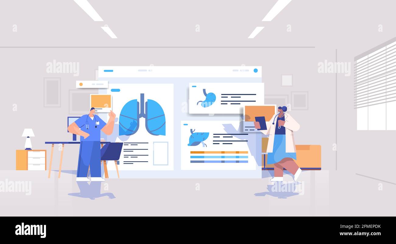 mix team di medici di razza imparare organi paziente analizzare i dati medici on virtual board medicina concetto di assistenza sanitaria Illustrazione Vettoriale