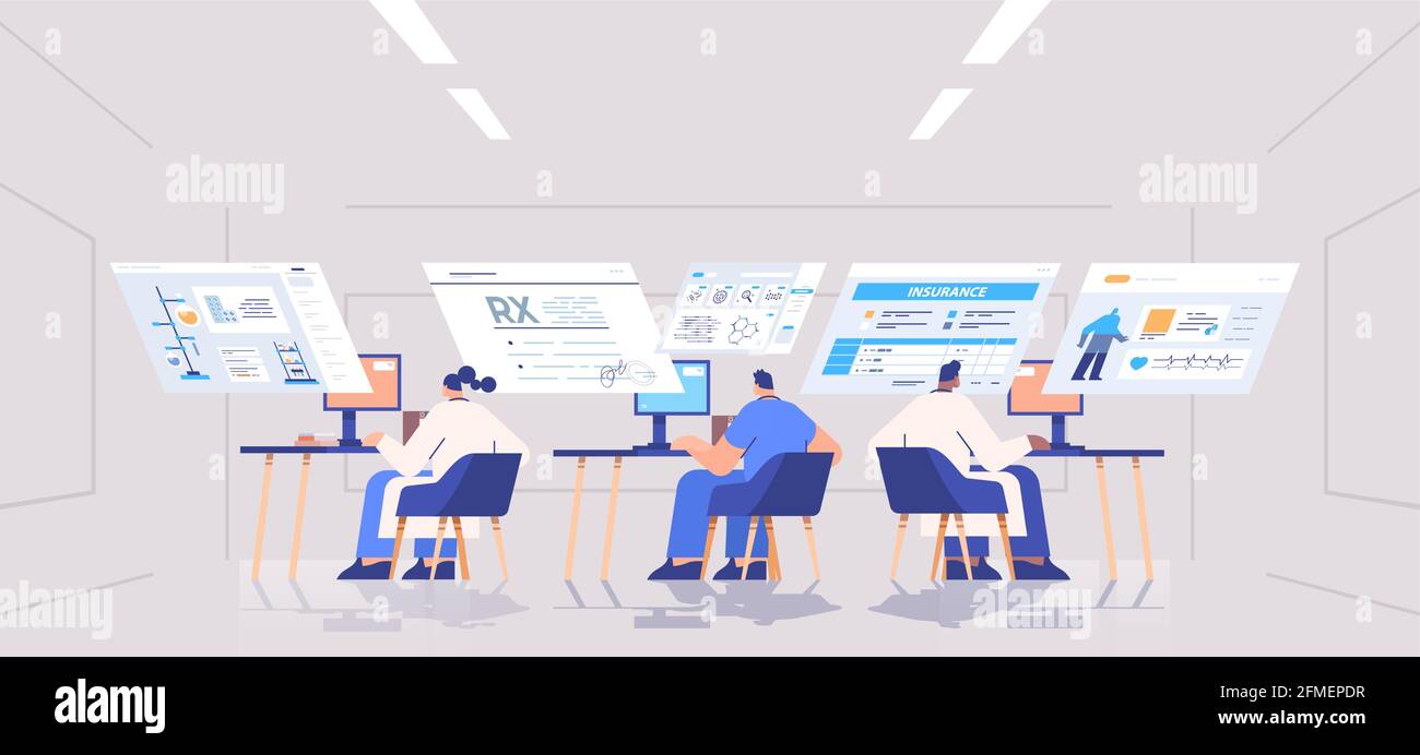 il team di scienziati che analizza i dati medici su schede virtuali medicina sanità concept interno dell'ufficio ospedaliero Illustrazione Vettoriale