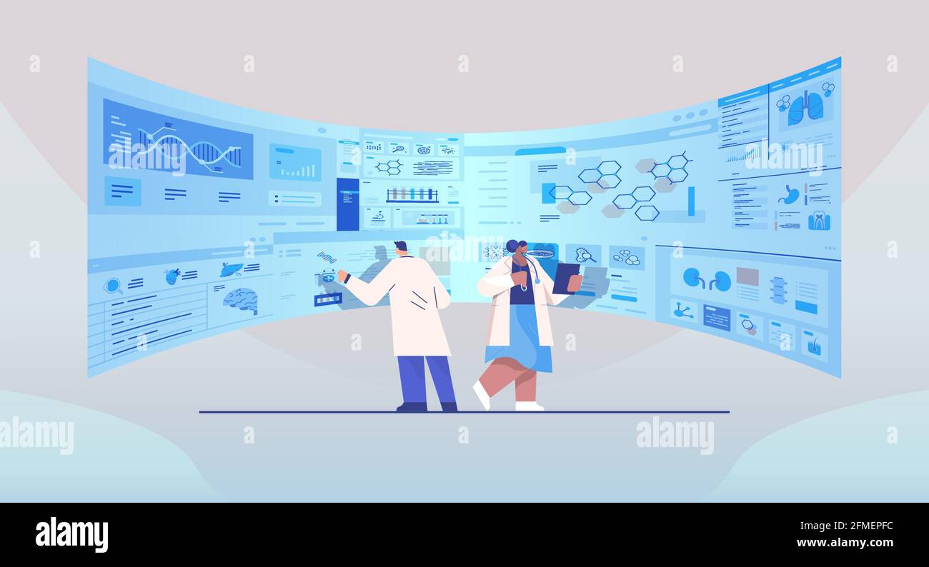 mix di team di scienziati della corsa che analizzano i dati medici su una scheda virtuale medicina concetto sanitario interno dell'ospedale Illustrazione Vettoriale
