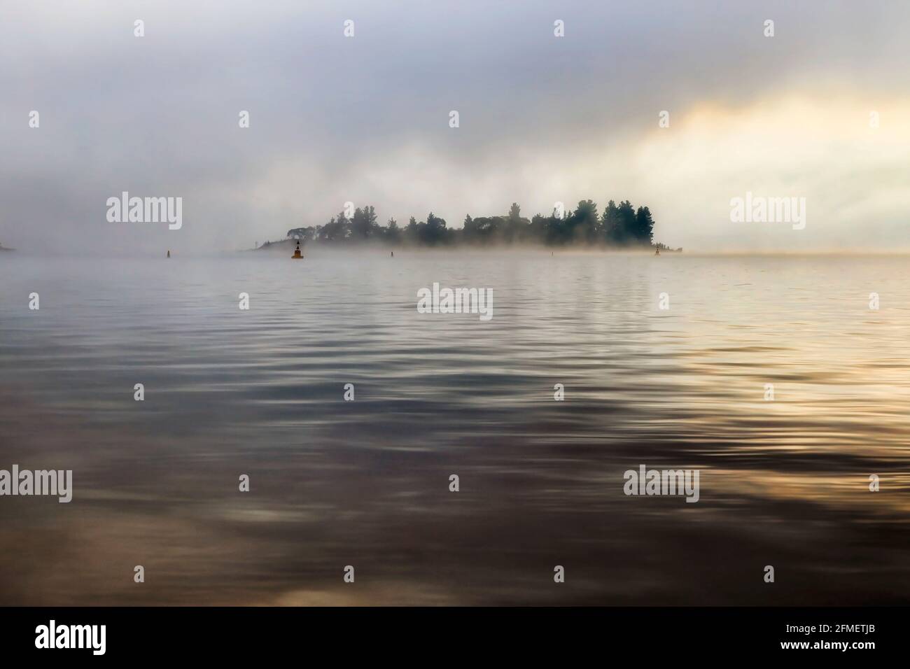 Isola di cucciolo sul lago Jindabyne all'alba - mattina nuvolosa nubi intorno alla zona di pesca di popula in Snowy Mountains. Foto Stock