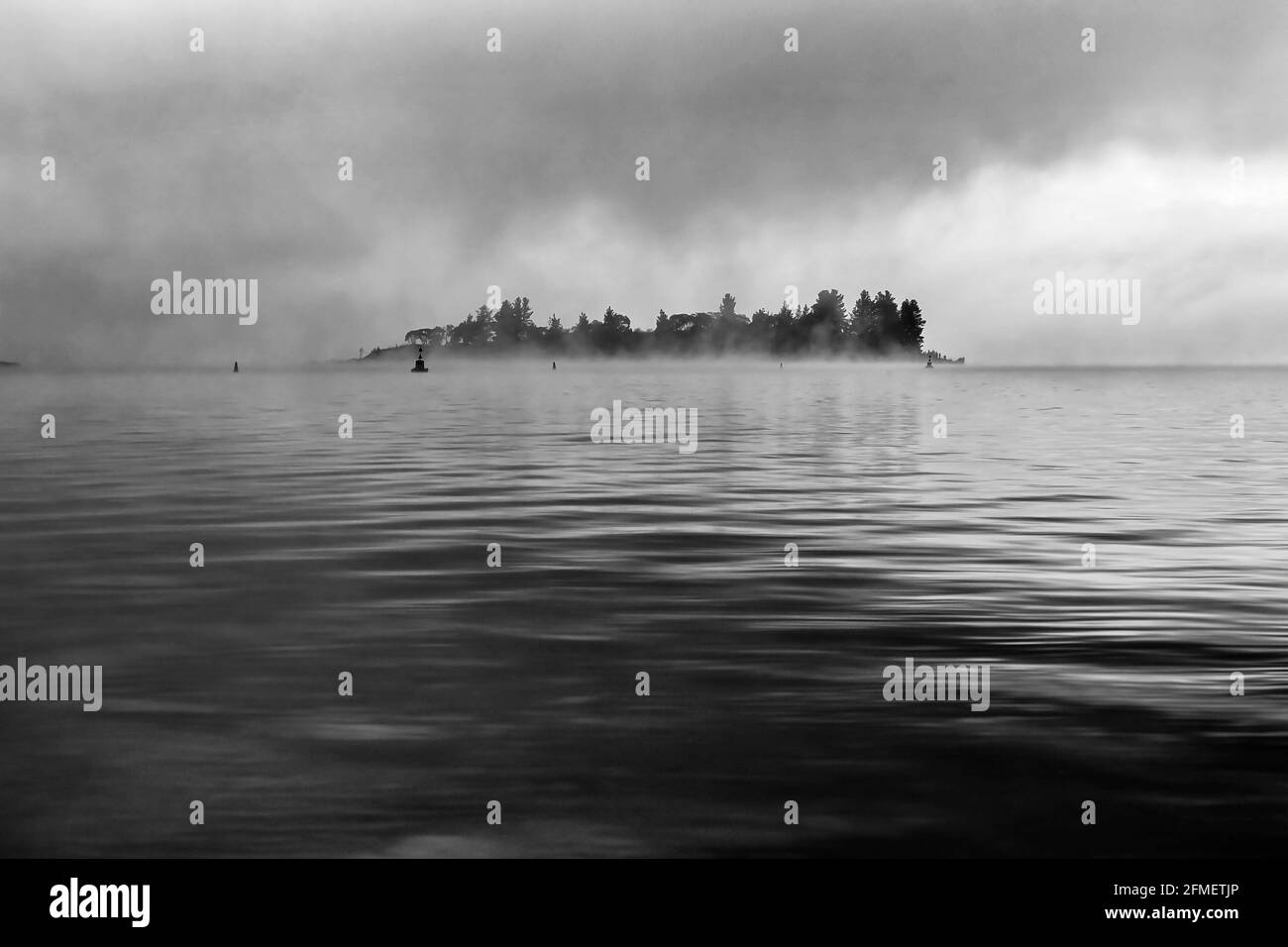 Isola di cucciolo sul lago Jindabyne in nebbia tempo nuvoloso intorno alla zona di pesca di popula in Snowy Mountains. Foto Stock