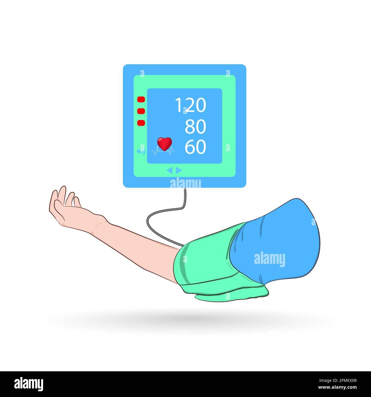 Immagine grafica concetto di braccio e cuore misurazione della pressione medico e. illustrazioni vettoriali per l'assistenza sanitaria Illustrazione Vettoriale