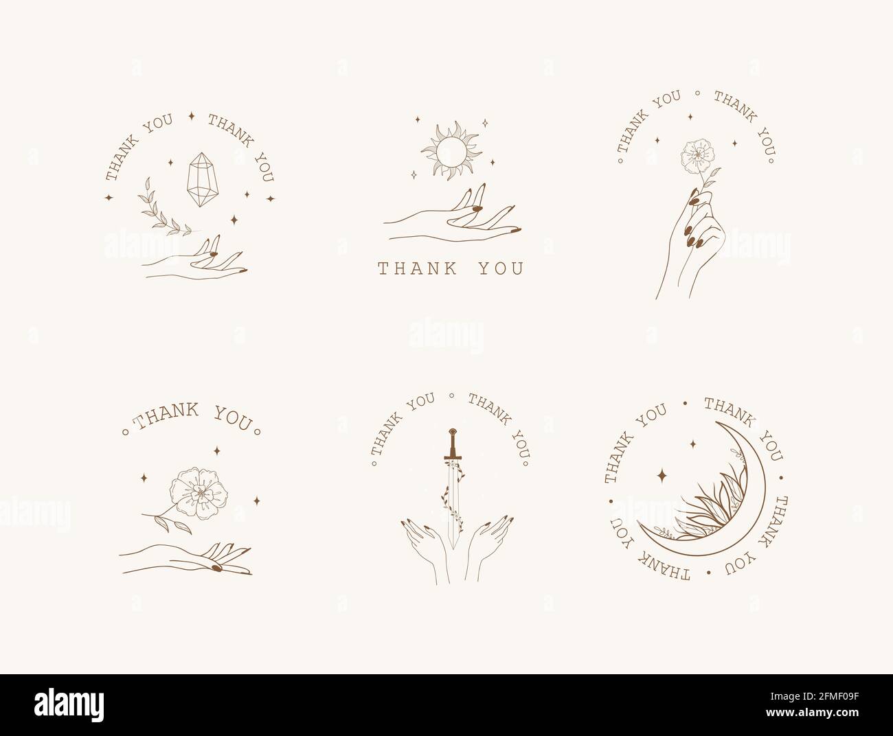 Set di boho grazie badge, etichette e adesivi. Grazie per le icone degli ordini. Illustrazione vettoriale moderna in stile lineare. Utilizzare per etichette, tessuti Illustrazione Vettoriale