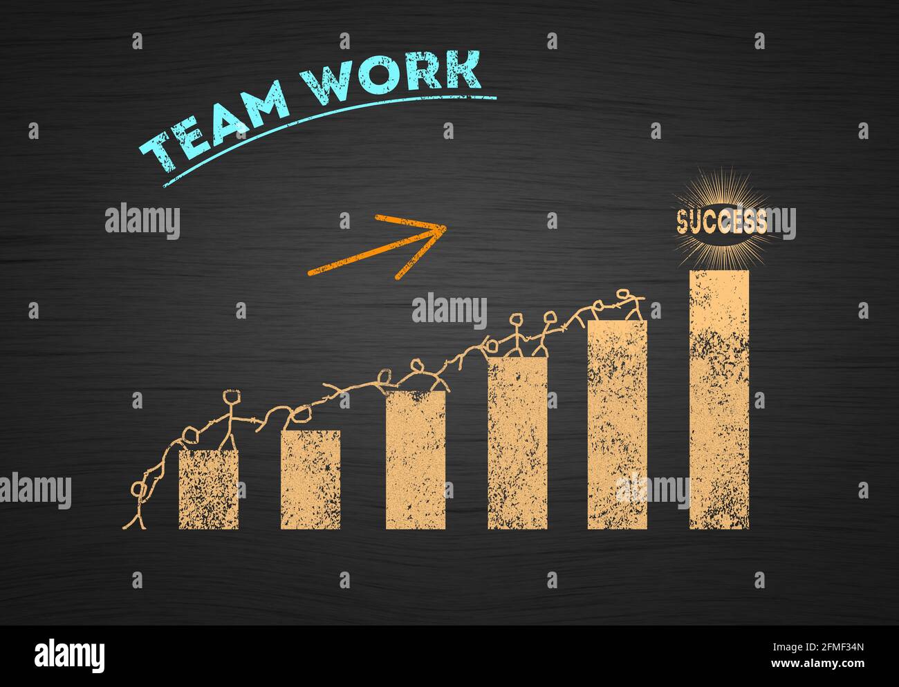 Concetto di successo del lavoro di squadra. Unione di cifre scalare UNA barra della tabella aiutandosi a vicenda. Illustrazione della crescita aziendale, risultati del lavoro di squadra Foto Stock