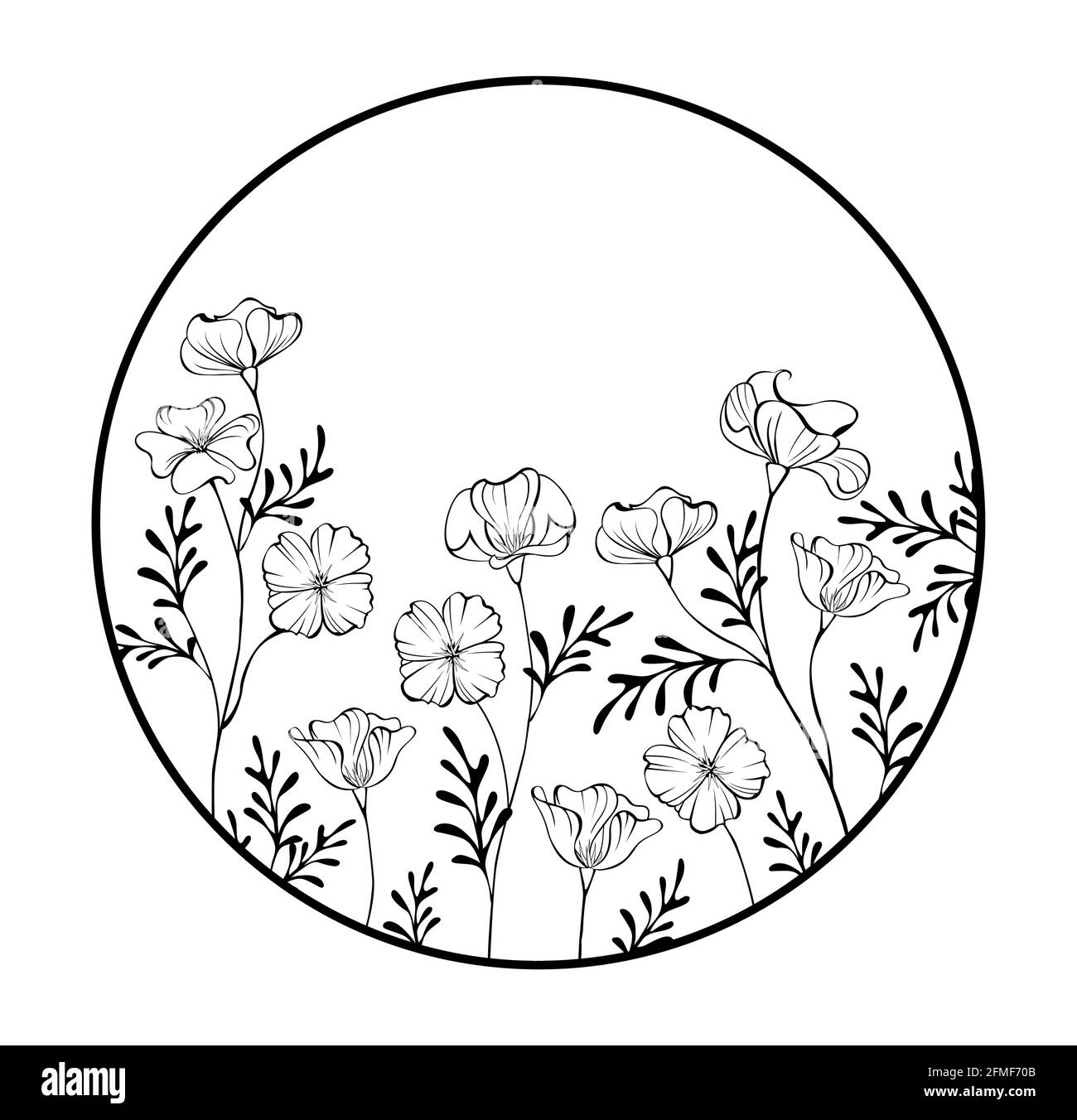 Cornice rotonda con papavero californiano artisticamente disegnato su sfondo bianco. Colorazione. Illustrazione Vettoriale