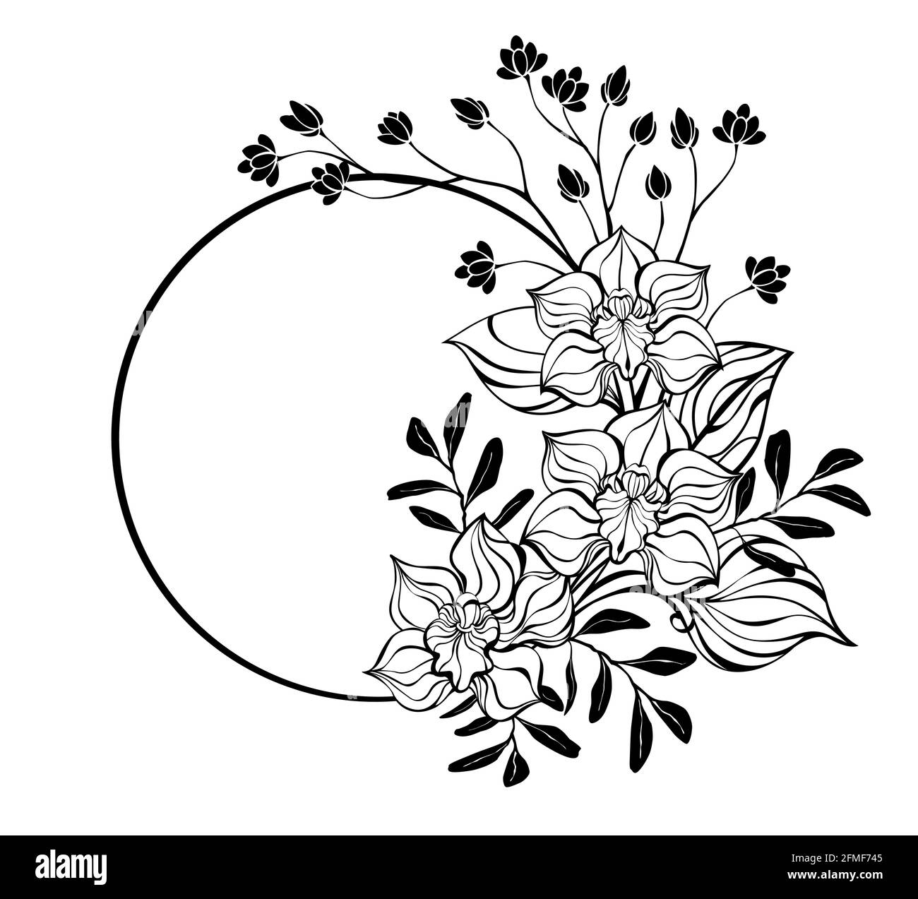 Cornice rotonda, decorata con contorno, ornata artisticamente da fiori orchidee su sfondo bianco. Colorazione. Illustrazione Vettoriale