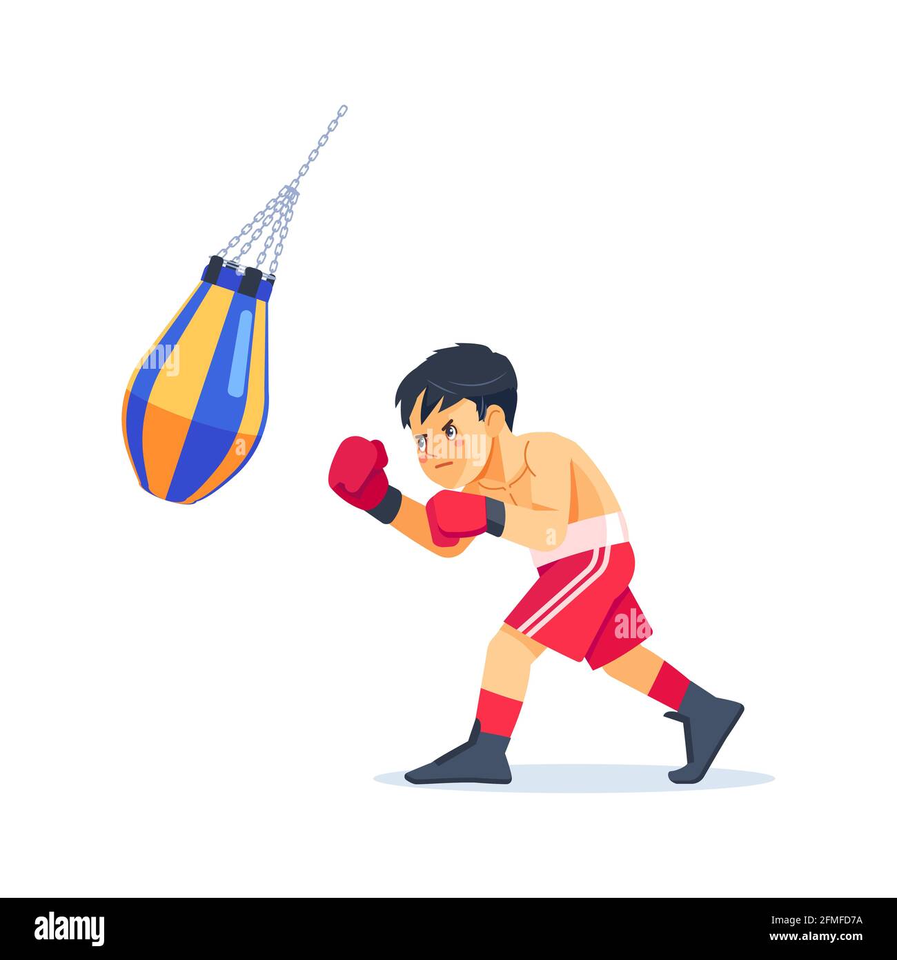 Boxer giovane facendo un certo addestramento su un sacchetto di punzonatura  ad una palestra, capretto che prende su un nuovo hobby. Illustrazione  vettoriale piatta su sfondo bianco Immagine e Vettoriale - Alamy