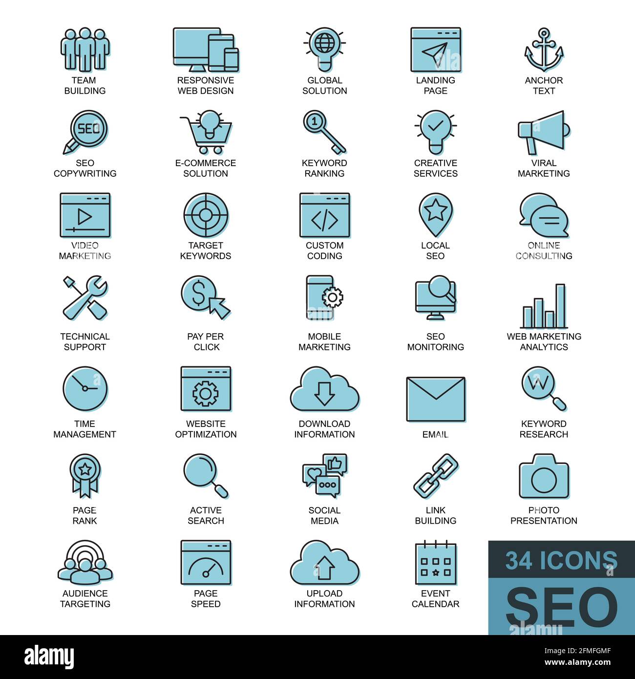 Ottimizzazione dei motori di ricerca. Linea sottile, glifo, raccolta di icone web riempite. Semplice illustrazione vettoriale. Illustrazione Vettoriale