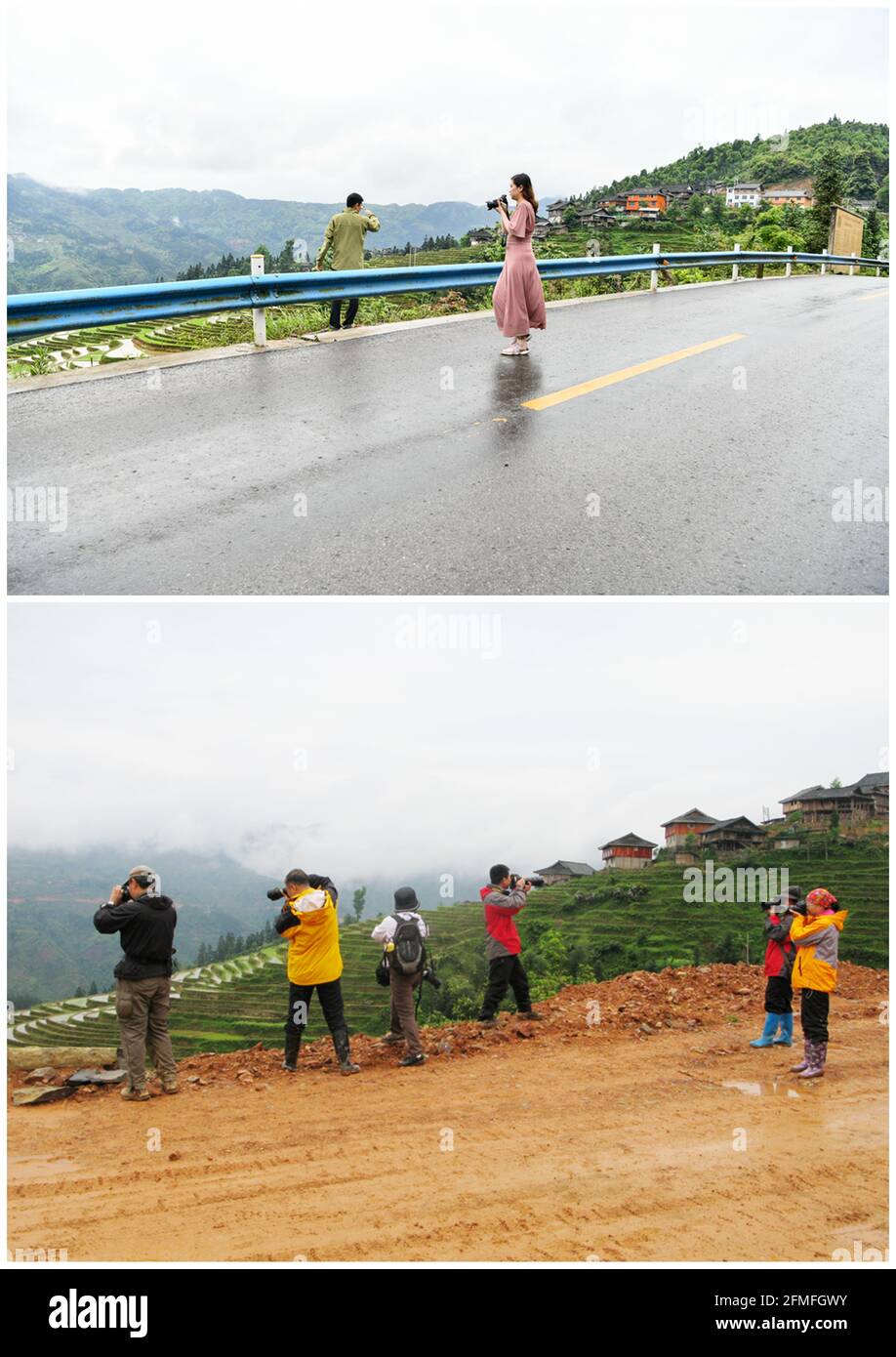 (210509) -- GUIYANG, 9 maggio 2021 (Xinhua) -- in questa foto combinata, i turisti scattano foto dei campi terrazzati di Jiabang lungo la strada lastricata di recente nella contea di Congjiang, provincia sudoccidentale di Guizhou, 4 maggio 2021 (foto superiore di Yang Wenbin), E i turisti scattano i campi terrazzati con le loro macchine fotografiche su una strada non asfaltata nel 2011 (foto scattata da Mo Xiaoshu). Il tempo umido e persistente avvolge le terrazze con una coperta di nube e nebbia nella maggior parte delle mattine. Il paesaggio da sogno è quello che puoi immaginare e trovare nelle foto scattate da Mo Xiaoshu. MO, un funzionario di 39 anni, ha preso più Foto Stock