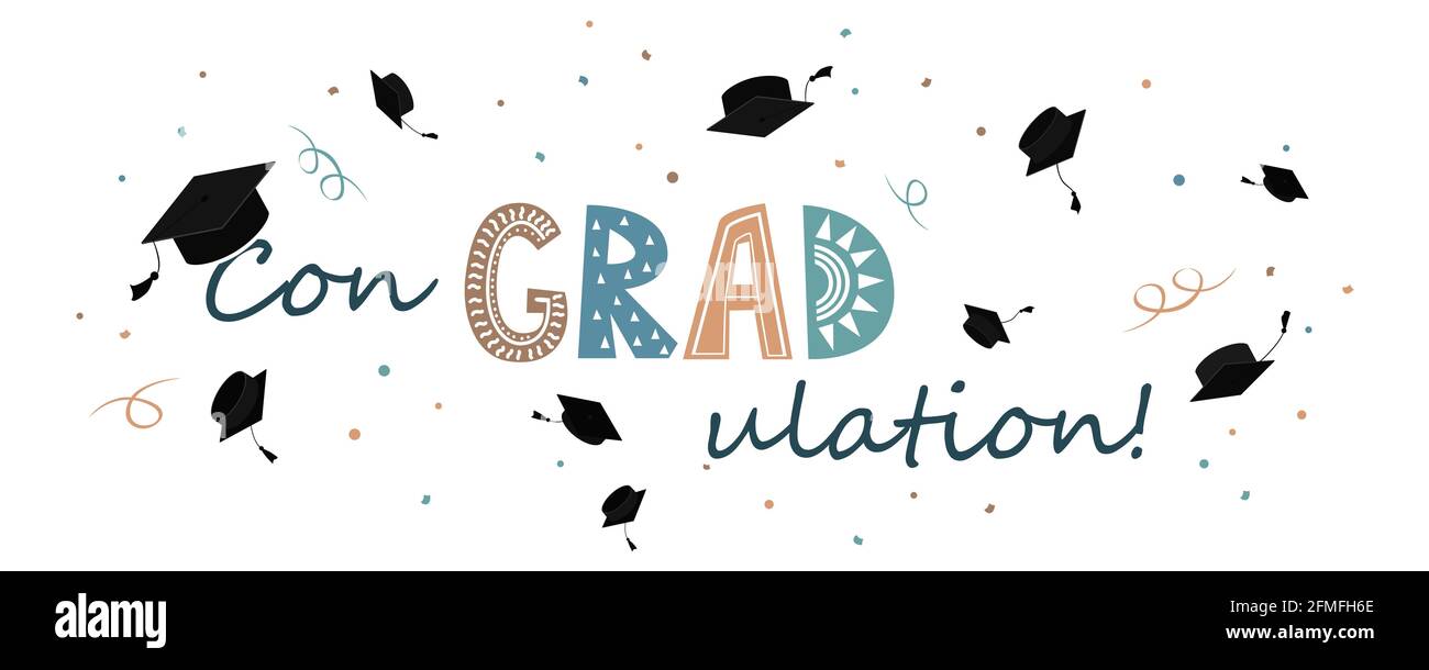 Congratulazioni per il banner di graduazione, berretto graduato con scritta a gradazione in stile scandinavo. Biglietto d'auguri per la festa di laurea Illustrazione Vettoriale