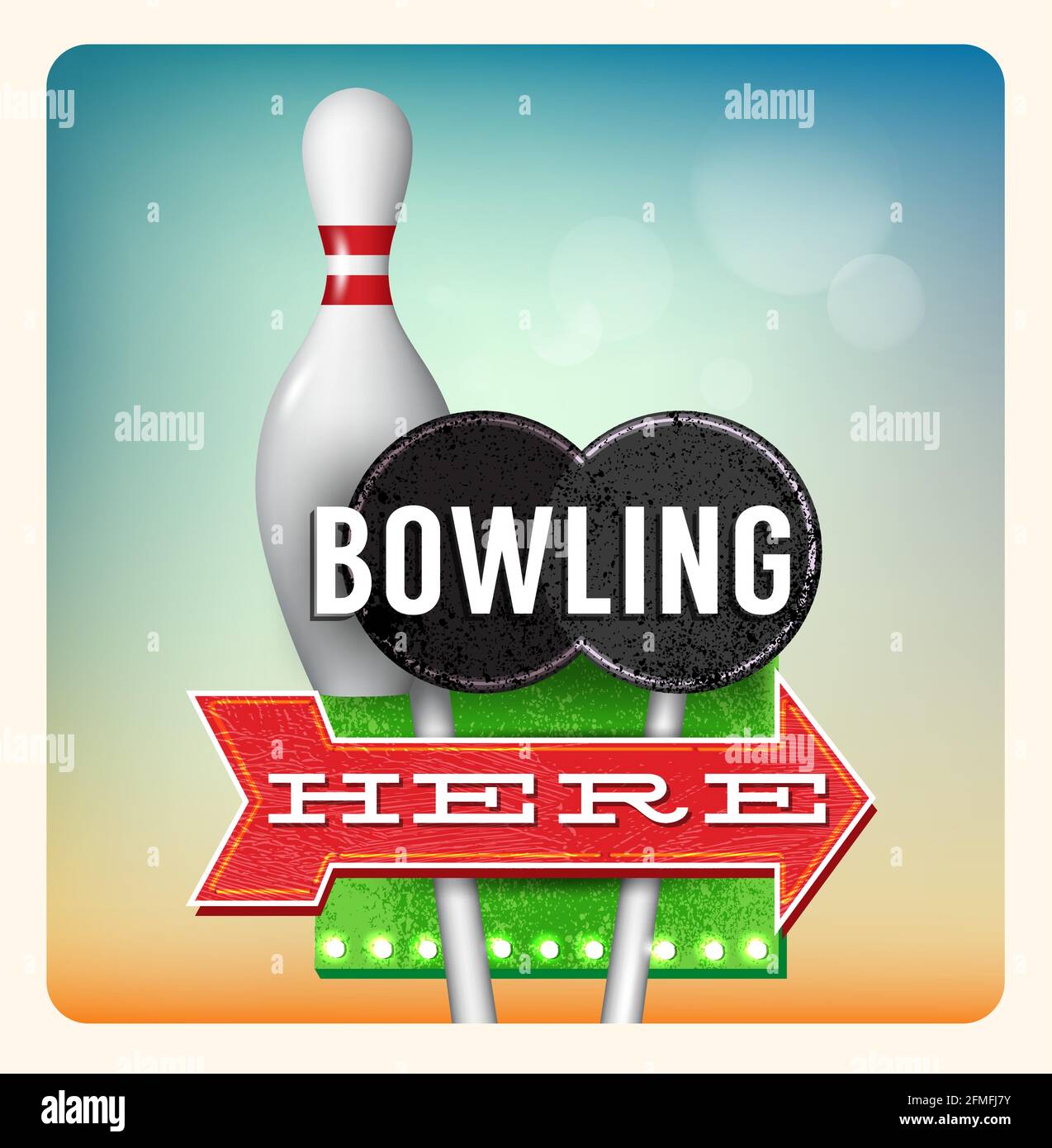 Scritta retrò Neon Sign Bowling nello stile americano roadside pubblicità vintage stile anni '50 Illustrazione Vettoriale