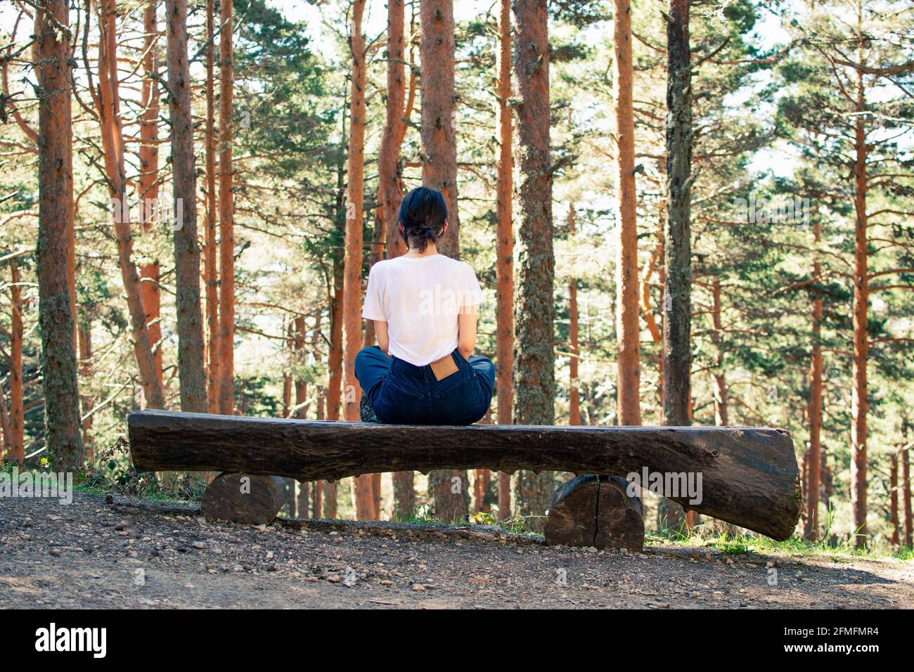 Una donna seduta su una panchina nel mezzo di una foresta. Fotografia orizzontale. Foto Stock