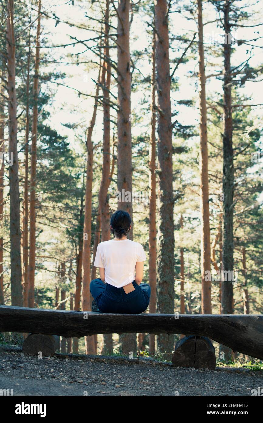 Giovane donna seduta con la schiena su una panchina di legno non trattata sullo sfondo di alberi sottili e grandi. Verticale. Foto Stock