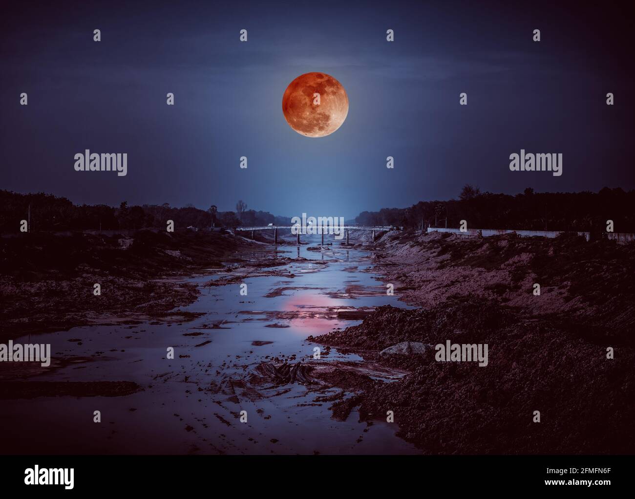Paesaggio di cielo notturno con molte stelle. Bella luna di sangue sopra lungo il canale profondo in zona rurale. All'aperto con luce naturale. Serenità natura sfondo. Foto Stock