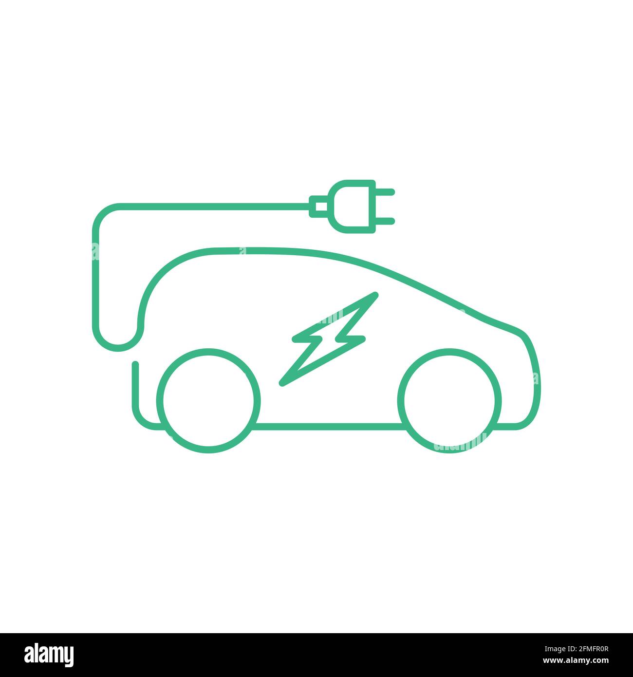 Auto elettrica con spina. Segnale della stazione di ricarica del veicolo elettrico. Auto ecocompatibile con thunderbolt. Concetto di zero emissioni di energia verde. Vettore Illustrazione Vettoriale
