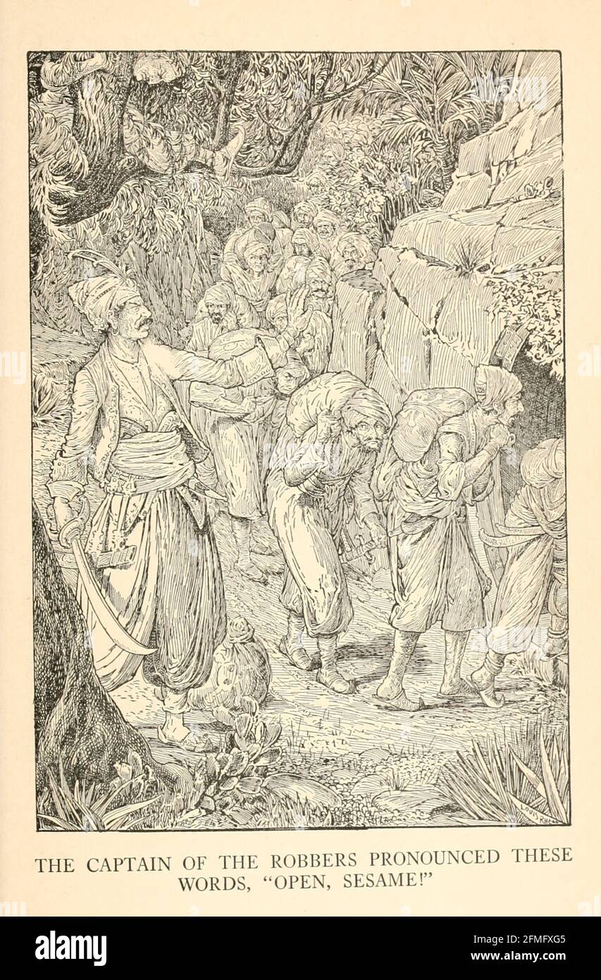 Il Capitano dei Robbers pronunciò queste parole: 'Apri, Sesame!' Dal libro ' The Arabian Nights' Entertainments ' Test and Illustrations di Louis Rhead, pubblicato a New York da Harper & Brothers nel 1916. Per salvare la sua vita, Sheherazade intrattiene il sultano raccontandogli storie meravigliose Foto Stock