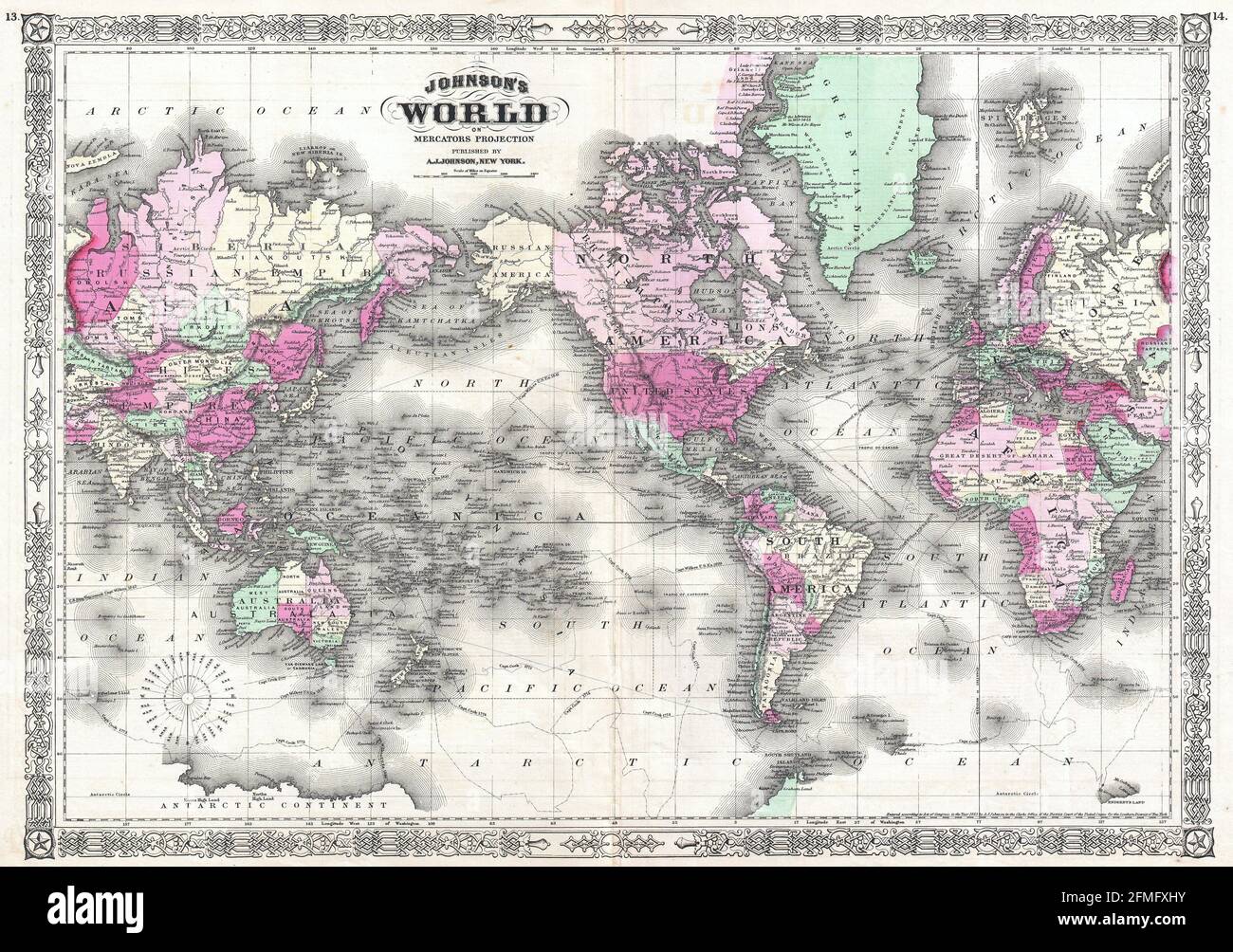 Carta d'epoca in rame incisa del mondo dal 19 ° secolo. Tutte le mappe sono splendidamente colorate e illustrate mostrando il mondo in quel momento. Foto Stock