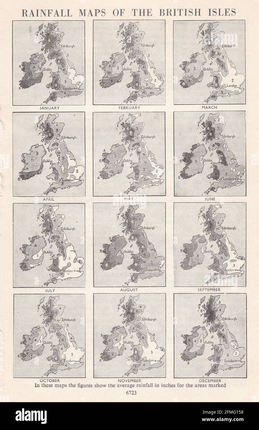 Mappe d'epoca delle Rainfall medie delle Isole Britanniche degli anni '40. Foto Stock