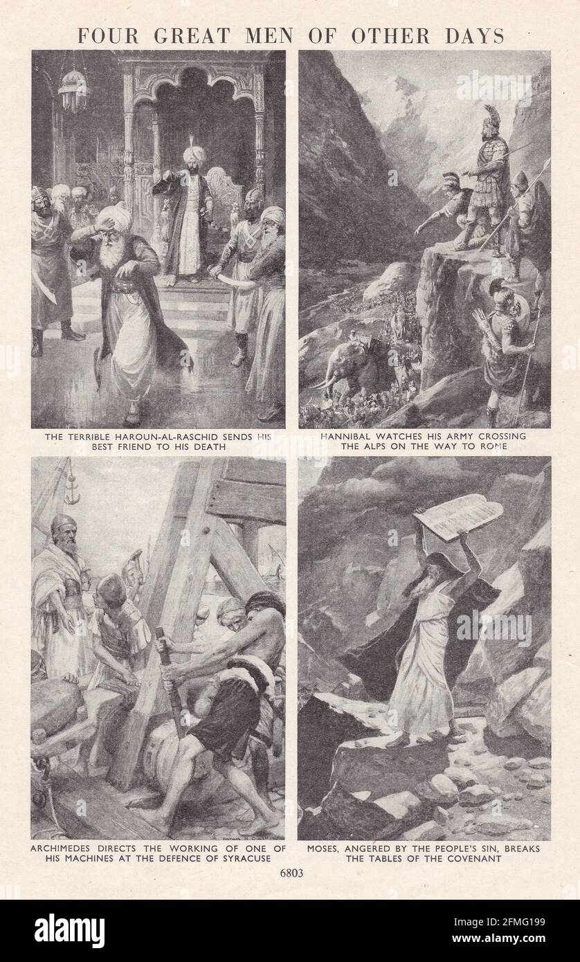 Illustrazioni / dipinti d'epoca di Haroun-al-Raschid, Annibale, Archimede e Mosè. Foto Stock