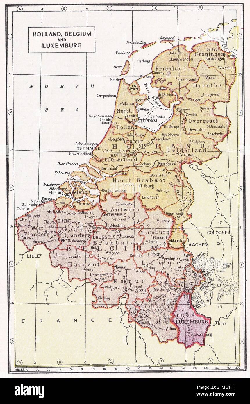 Mappa d'epoca degli anni '30 dell'Olanda, del Belgio e del Lussemburgo. Foto Stock