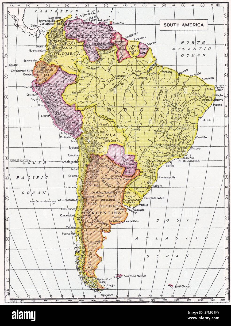 Mappa d'epoca del Sud America degli anni '30. Foto Stock