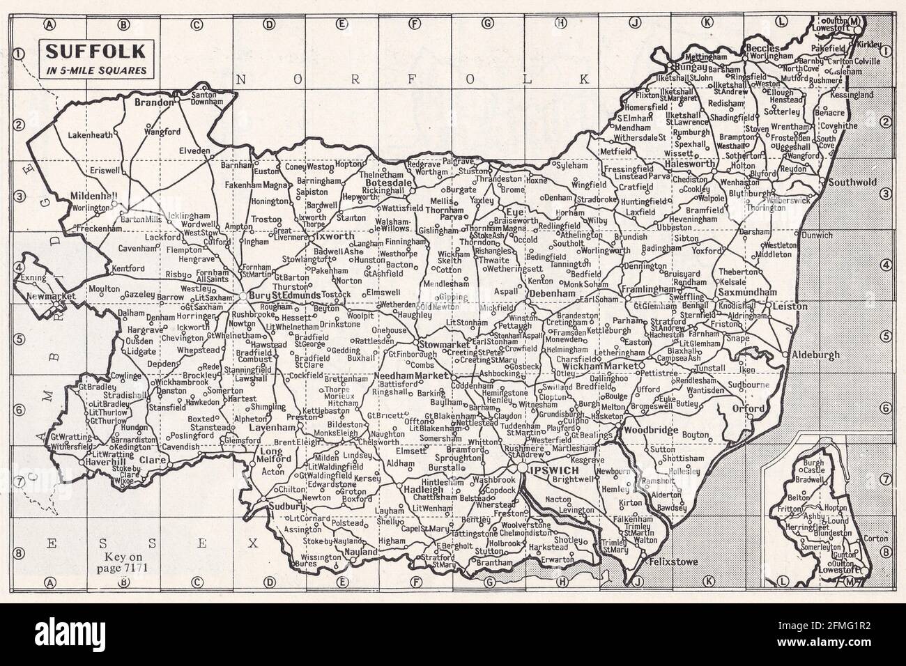 Mappa vintage di Suffolk, Regno Unito 1930 Foto Stock