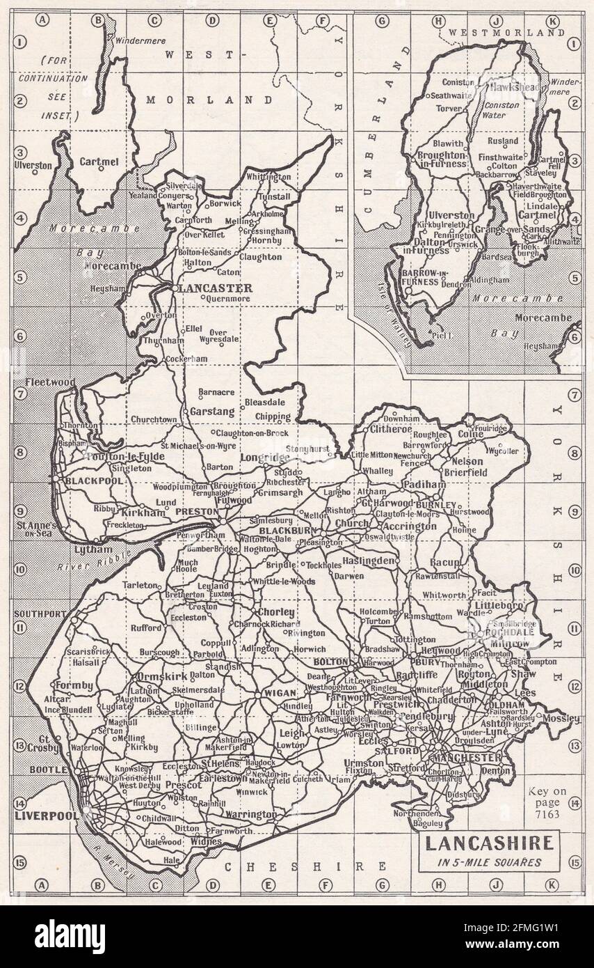 Mappa d'epoca del Lancashire, Regno Unito, anni '30. Foto Stock