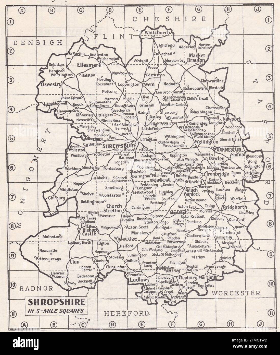Mappa vintage di Shropshire, Regno Unito 1930 Foto Stock
