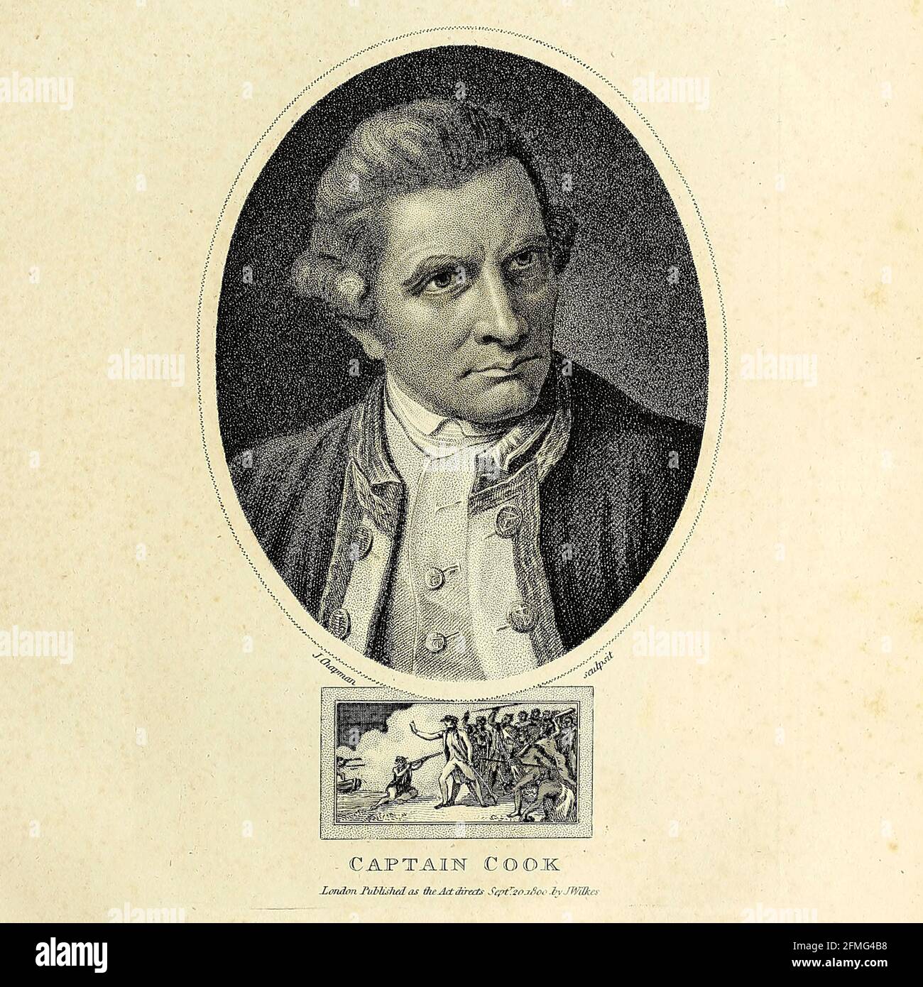 Il capitano James Cook FRS (7 novembre 1728 [NB 1] – 14 febbraio 1779) è stato un esploratore, navigatore, cartografo e capitano britannico della Royal Navy, famoso per i suoi tre viaggi tra il 1768 e il 1779 nell'Oceano Pacifico e in Australia in particolare. Ha realizzato mappe dettagliate di Terranova prima di compiere tre viaggi nel Pacifico, durante i quali ha raggiunto il primo contatto registrato in Europa con la costa orientale dell'Australia e delle isole hawaiane, e la prima circumnavigazione registrata della Nuova Zelanda. Incisione su copperplate dall'Enciclopedia Londinensis o, Universal Dott Foto Stock