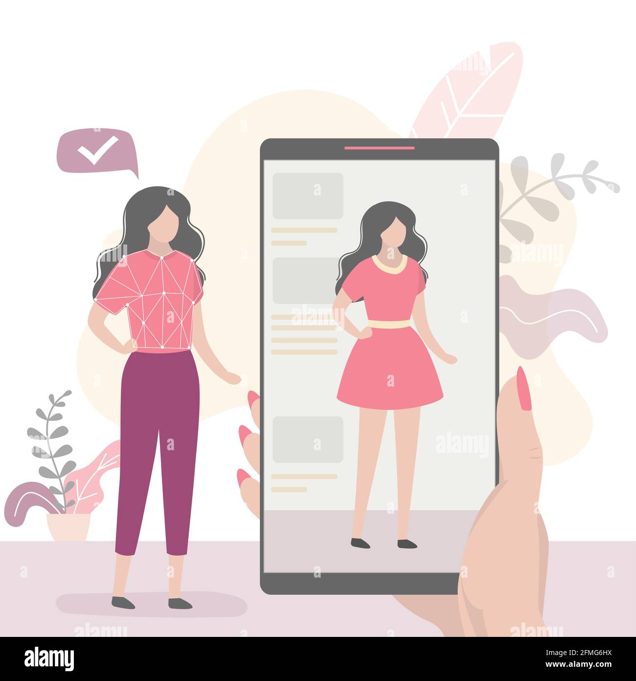 Smartphone moderno con presa a mano. Personaggio femminile che prova su  abiti in un negozio online di abbigliamento. Shopping online, negozio  internet. Banner con nuova moda Immagine e Vettoriale - Alamy