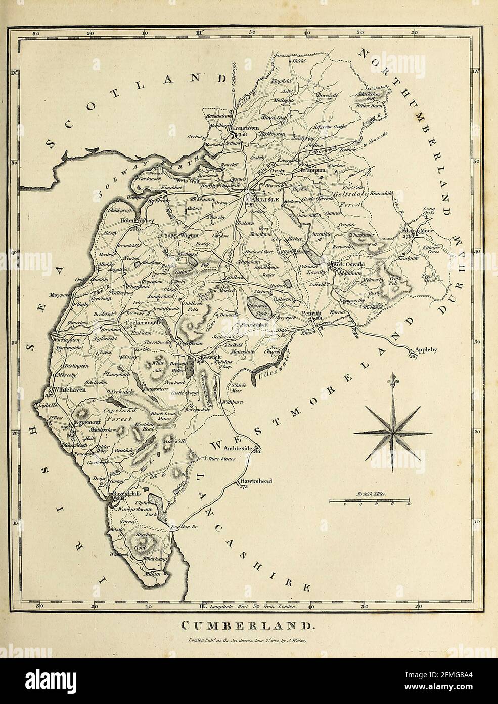 Cumberland è una contea storica dell'Inghilterra nord-occidentale che ha avuto una funzione amministrativa dal 12 ° secolo fino al 1974. Confina a nord-est con le contee storiche del Northumberland, a est con la contea di Durham, a sud con la Westmorland, a sud-est con il Lancashire e a nord con le contee scozzesi del Dumfriesshire e del Roxburghshire. Formò una contea amministrativa dal 1889 al 1974 (esclusa Carlisle dal 1914) e ora fa parte della Cumbria. Incisione su copperplate dell'Enciclopedia Londinensis OR, dizionario universale delle arti, delle scienze e della letteratura; volume V; Foto Stock